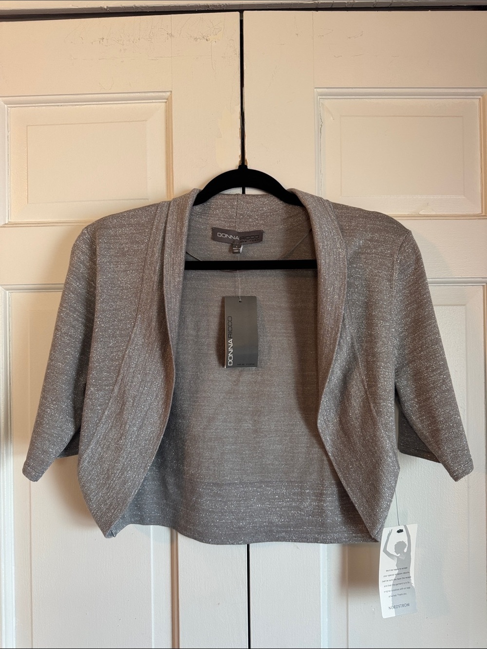 NWT Donna Morgan SILVER Metallic Cropped Open-Front Shrug/Bolero